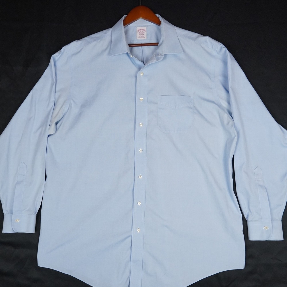 Brooks Brothers Shirt Mens 18 37 Blue Madison Non-Iron Supima Cotton Regular Fit